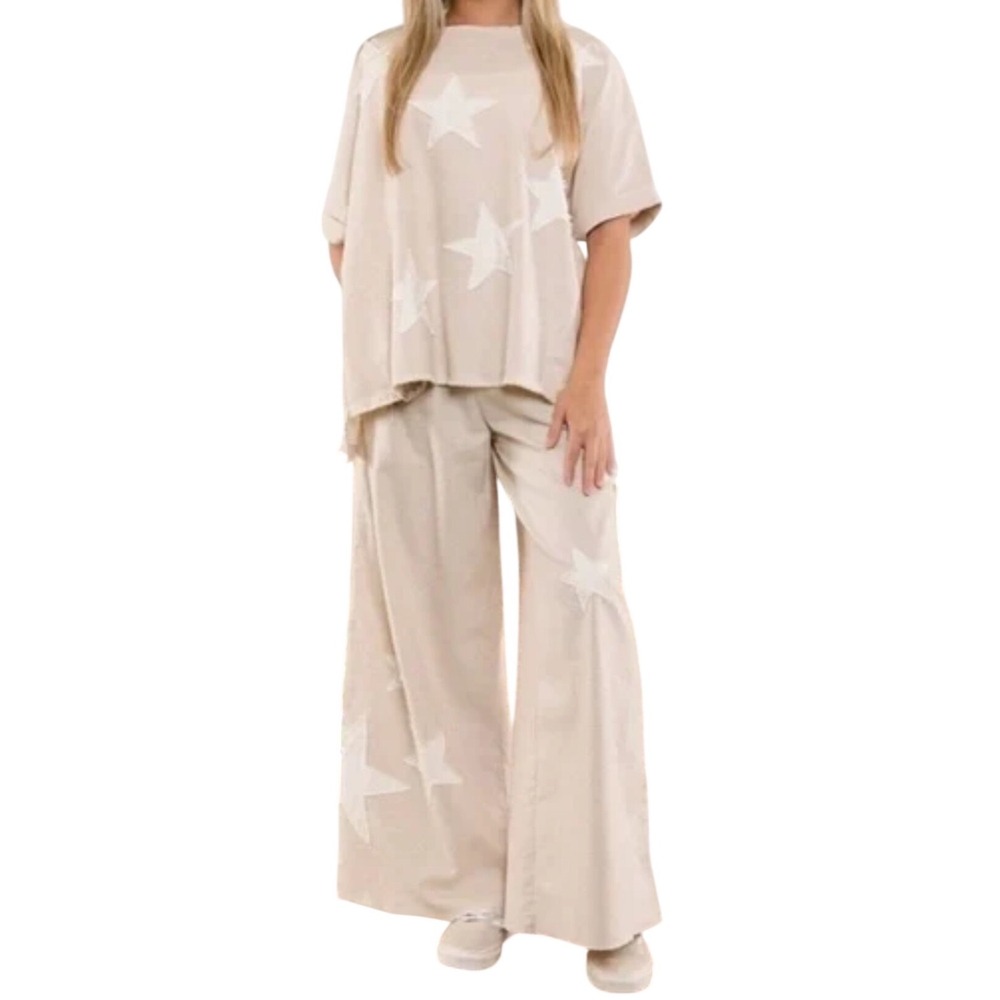 Women's Beige Star-Print Wide Leg Pants